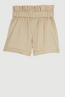 Little Girls Paper Bag Waist Cargo Pocket Shorts, Khaki, Size 4