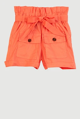 Little Girls Paper Bag Waist Cargo Pocket Shorts,