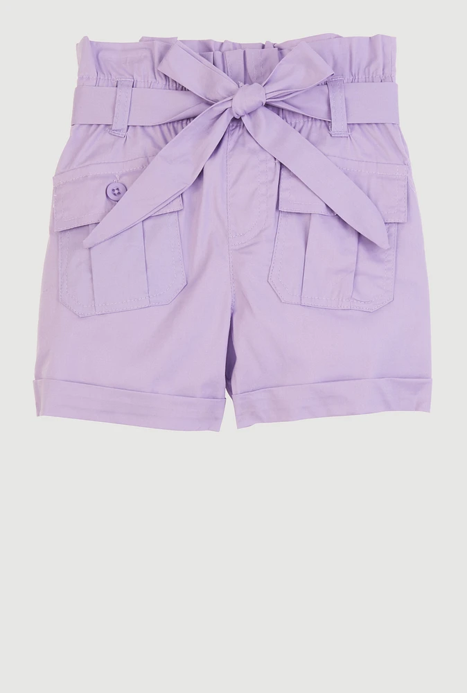 Little Girls Paper Bag Waist Cargo Shorts, Purple, Size 6X