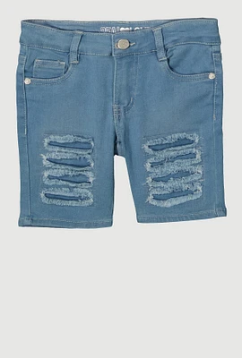 Little Girls Frayed Slashed Bermuda Denim Shorts, Blue, Size 6