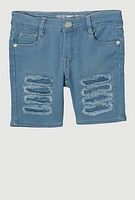 Little Girls Frayed Slashed Bermuda Denim Shorts, Blue, Size 6