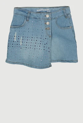 Girls Rhinestone Asymmetrical Denim Skort, Blue, Size 8