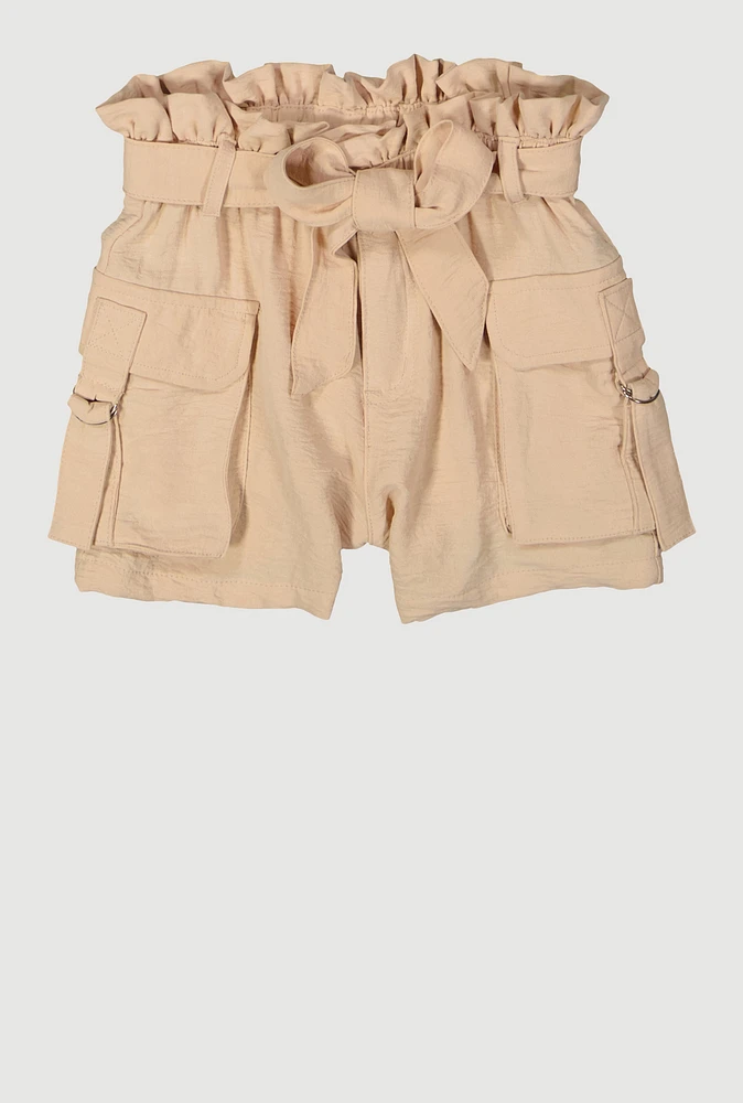 Girls Cargo Pocket Paper Bag Waist Shorts, Khaki, Size 14-16