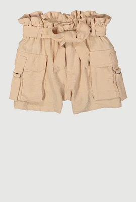Girls Cargo Pocket Paper Bag Waist Shorts, Khaki, Size 14-16