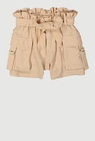Girls Cargo Pocket Paper Bag Waist Shorts, Khaki, Size 14-16