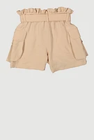 Girls Cargo Pocket Paper Bag Waist Shorts, Khaki, Size 14-16
