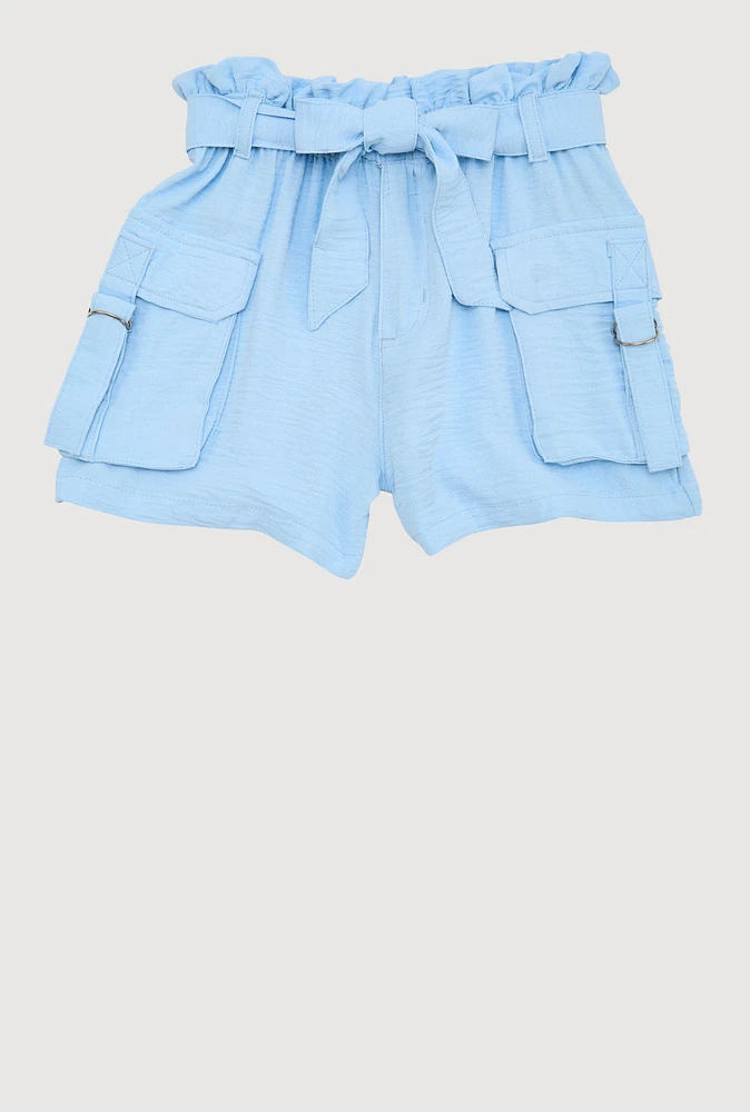 Girls Cargo Pocket Paper Bag Waist Shorts,