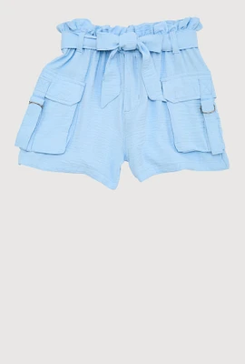 Girls Cargo Pocket Paper Bag Waist Shorts,