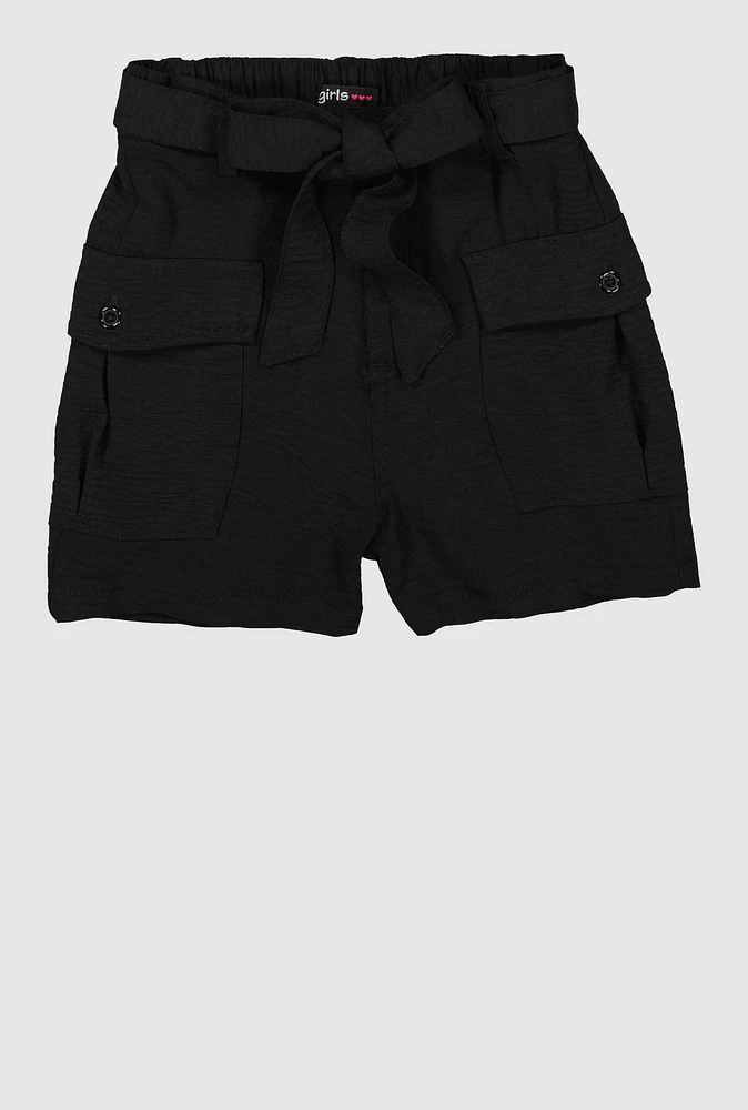 Girls Tie Waist Belt Cargo Shorts, Black,