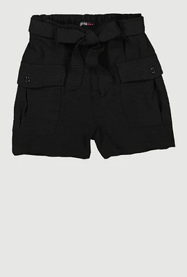 Girls Tie Waist Belt Cargo Shorts, Black,