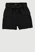 Girls Tie Waist Belt Cargo Shorts, Black,