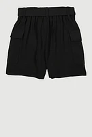Girls Tie Waist Belt Cargo Shorts, Black,