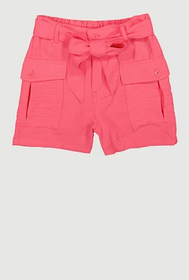 Girls Tie Waist Belt Cargo Shorts, Pink,