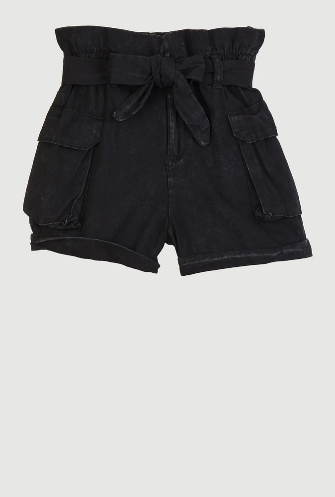 Girls Mineral Wash Paper Bag Waist Cargo Shorts, Black, Size 7-8