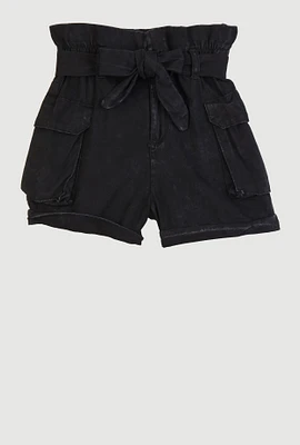 Girls Mineral Wash Paper Bag Waist Cargo Shorts, Black, Size 7-8