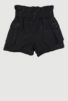 Girls Mineral Wash Paper Bag Waist Cargo Shorts, Black, Size 7-8