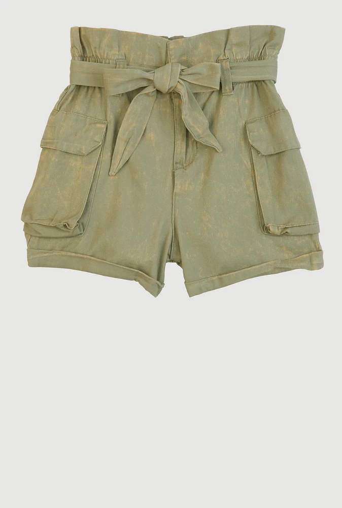 Girls Mineral Wash Paper Bag Waist Cargo Shorts, Green, Size 7-8