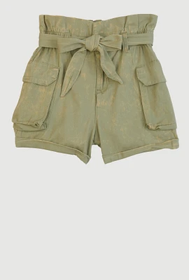 Girls Mineral Wash Paper Bag Waist Cargo Shorts, Green, Size 7-8