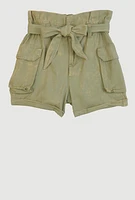 Girls Mineral Wash Paper Bag Waist Cargo Shorts, Green, Size 7-8