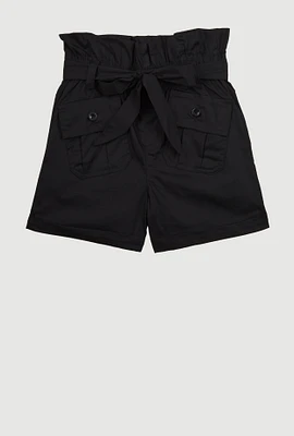 Girls Poplin Paper Bag Waist Cargo Shorts,