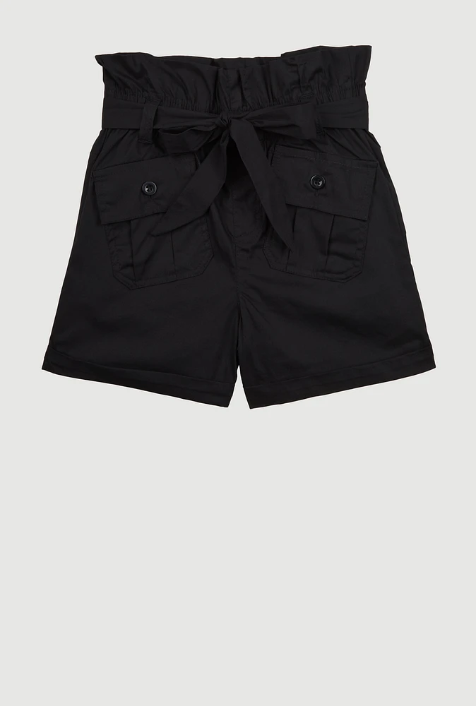 Girls Poplin Paper Bag Waist Cargo Shorts, Black, Size 7-8