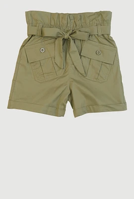Girls Poplin Paper Bag Waist Cargo Shorts,