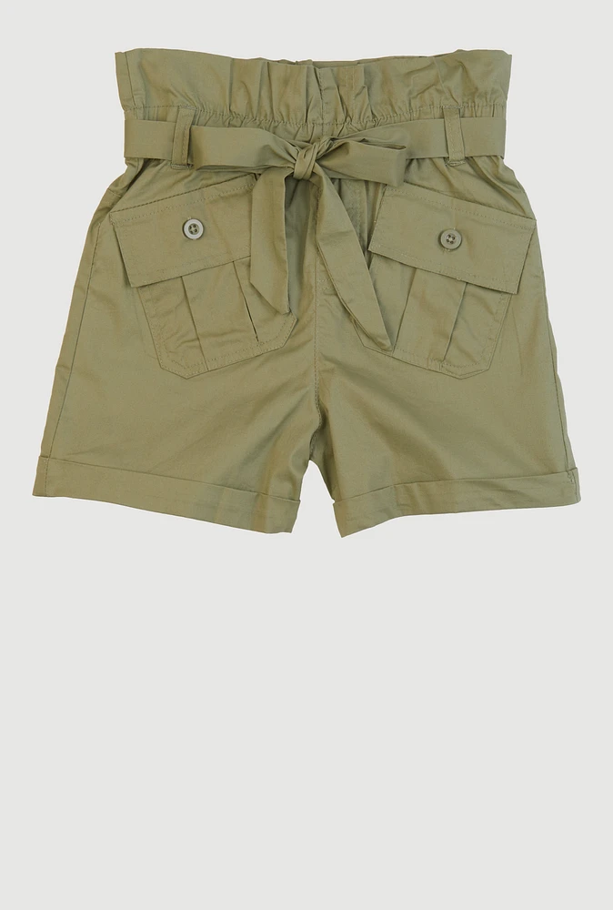 Girls Poplin Paper Bag Waist Cargo Shorts,