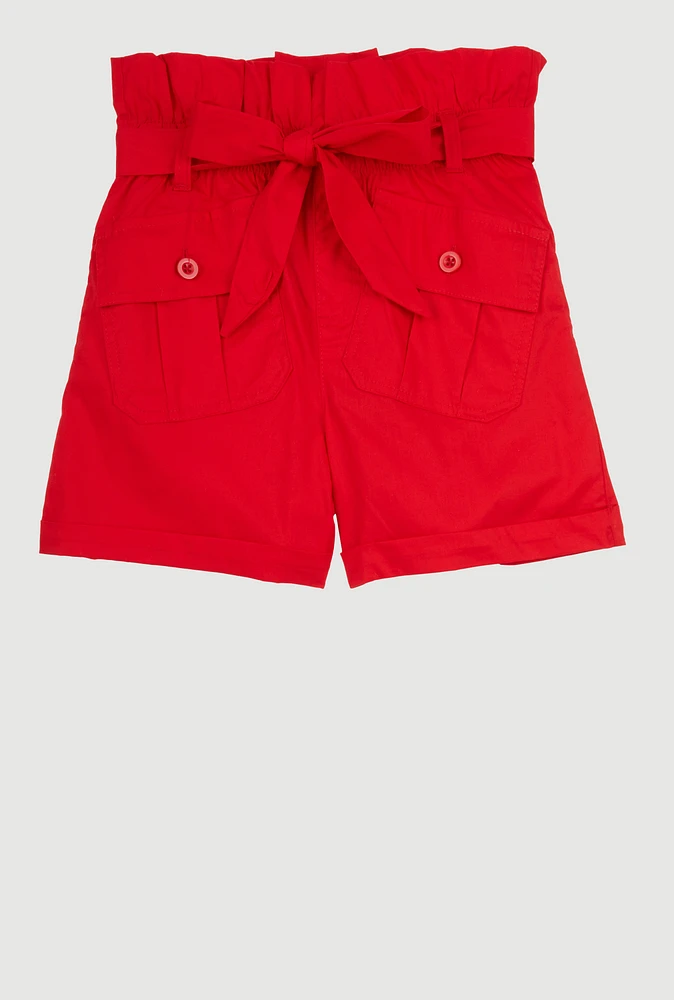 Girls Poplin Paper Bag Waist Cargo Shorts, Red,