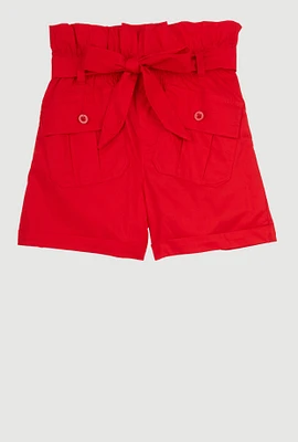 Girls Poplin Paper Bag Waist Cargo Shorts, Red,