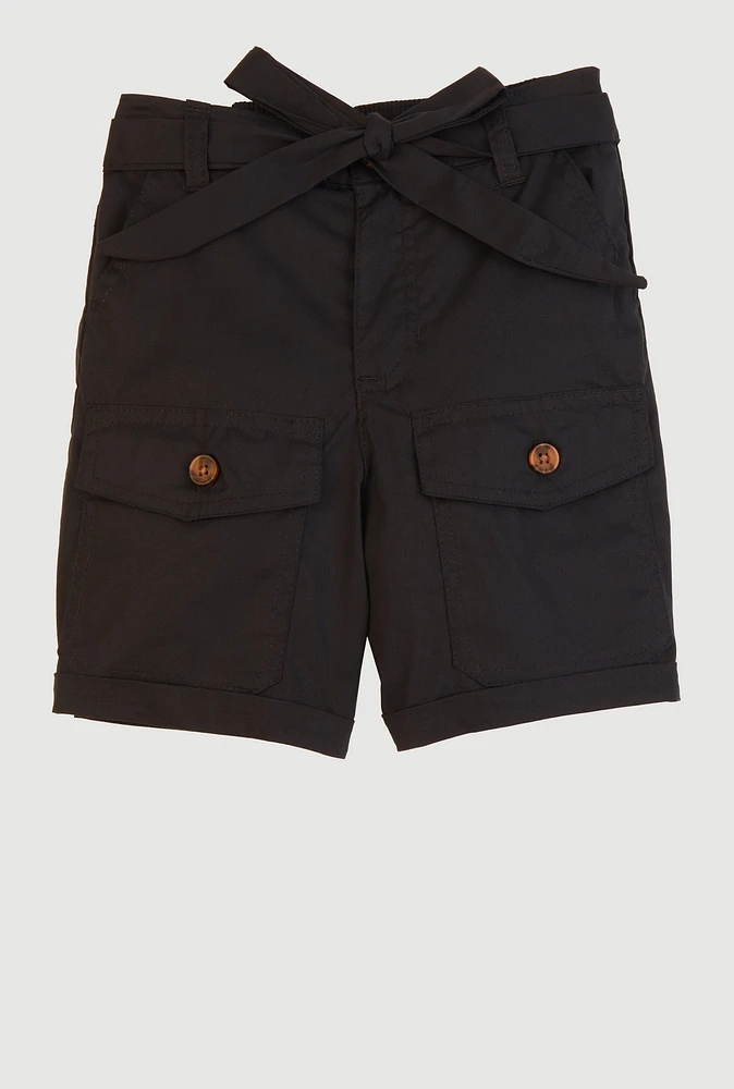 Girls Poplin Tie Waist Belted Cargo Pocket Shorts, Black, Size 7-8
