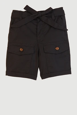 Girls Poplin Tie Waist Belted Cargo Pocket Shorts, Black, Size 7-8