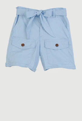 Girls Poplin Tie Waist Belted Cargo Pocket Shorts,