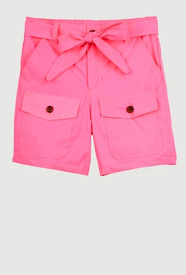 Girls Poplin Tie Waist Belted Cargo Pocket Shorts,