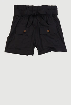 Girls Paper Bag Waist Cargo Shorts, Black, Size 14-16