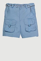 Girls Heart Chain Belted Poplin Cargo Shorts, Pink,