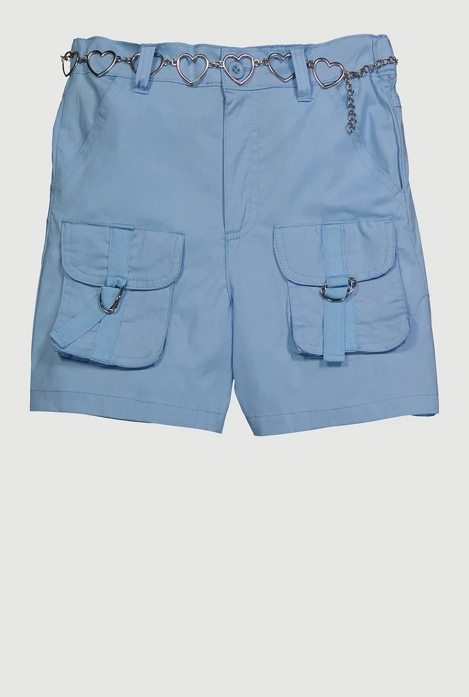 Girls Heart Chain Belted Poplin Cargo Shorts, Pink, Size 12