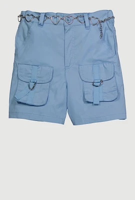 Girls Heart Chain Belted Poplin Cargo Shorts, Pink, Size 12