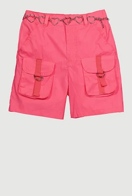 Girls Heart Chain Belted Poplin Cargo Shorts, Pink,
