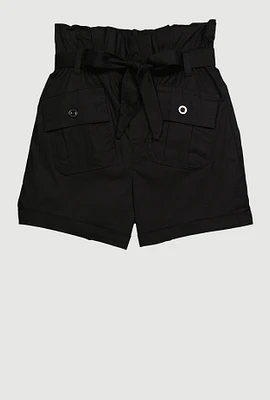 Girls Poplin Tie Waist Belted Cargo Shorts,