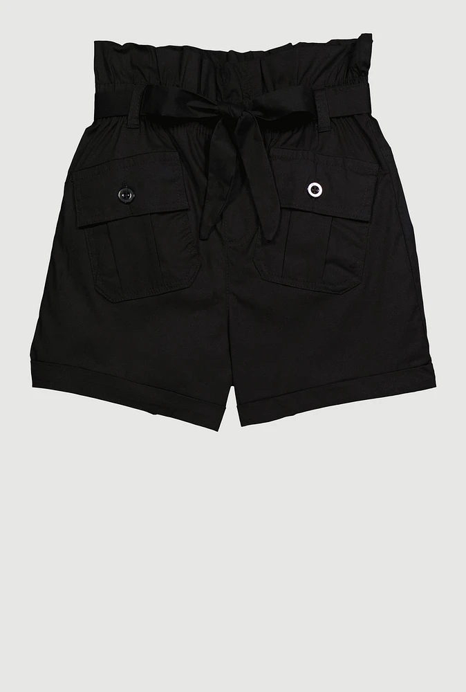 Girls Poplin Tie Waist Belted Cargo Shorts, Black, Size 10