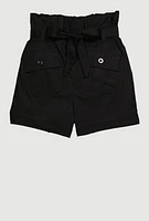 Girls Poplin Tie Waist Belted Cargo Shorts, Black, Size 10