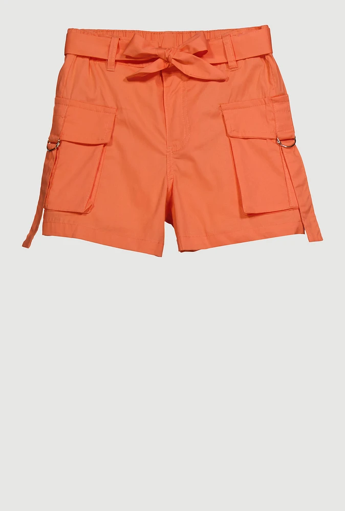 Girls Poplin Tie Waist Belted Cargo Shorts,