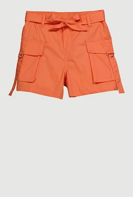 Girls Poplin Tie Waist Belted Cargo Shorts,
