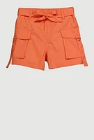 Girls Poplin Tie Waist Belted Cargo Shorts,
