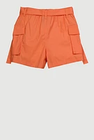 Girls Poplin Tie Waist Belted Cargo Shorts,