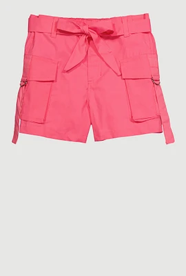 Girls Poplin Tie Waist Belted Cargo Shorts, Pink, Size 10