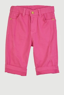 Girls Twill Fixed Cuff Distressed Bermuda Shorts, Pink,
