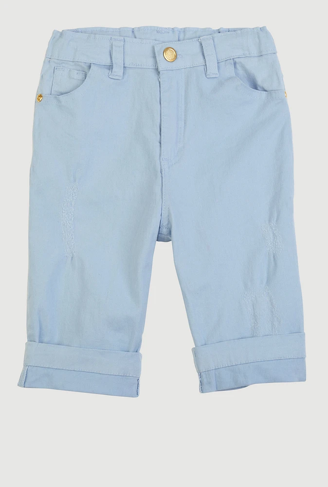Girls Twill Fixed Cuff Bermuda Shorts, Blue, Size 10