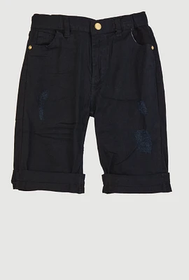 Girls Twill Distressed Detail Bermuda Shorts, Black, Size 10