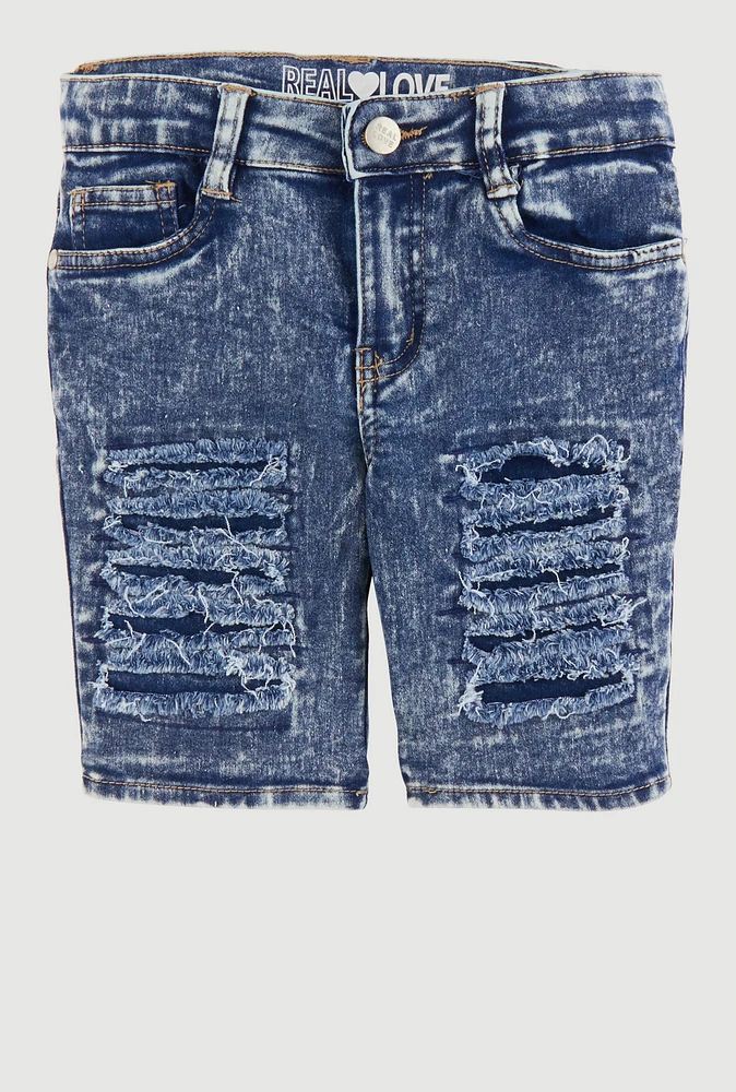 Girls Patch and Repair Distressed Bermuda Shorts, Blue,